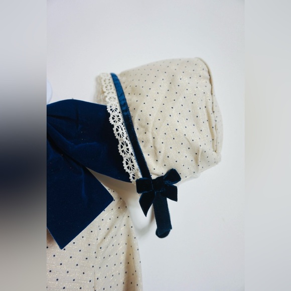 Navy and Cream Baby Dress with Bonnet - Picture 2 of 3